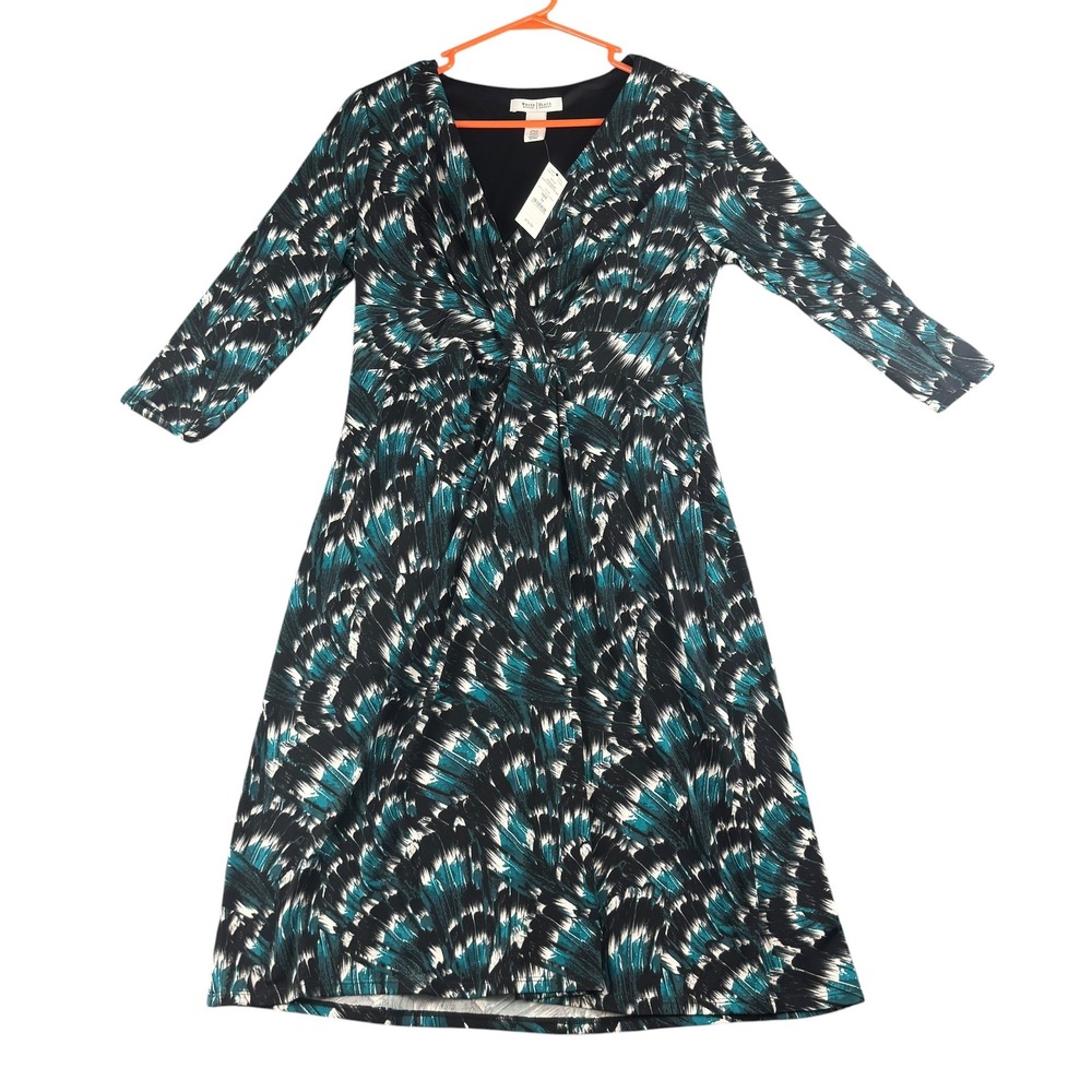White House Black Market Plume Print Dress Teal Black 3/4 Sleeve Knot Front M